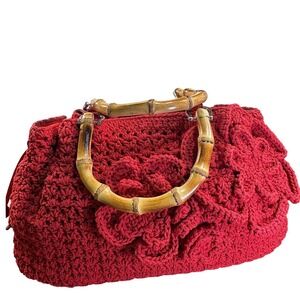 NWT Patricia Nash Cantinella Papaya Red Crochet Bamboo Handle Satchel Bag
